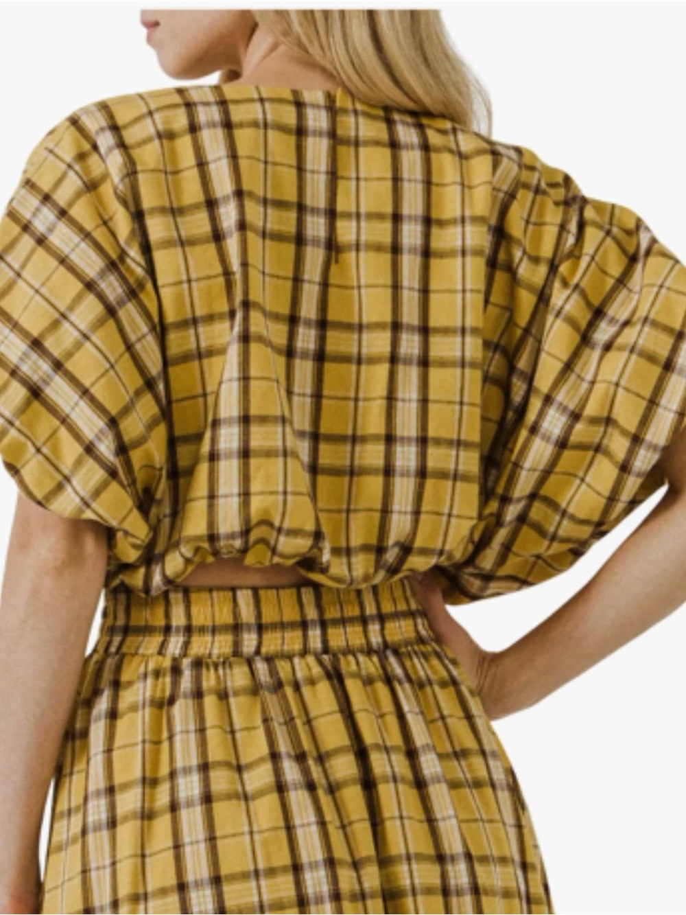 Anthropologie English Factory Plaid Puff Sleeve Cotton Crop Top Yellow Size S - Picture 3 of 10